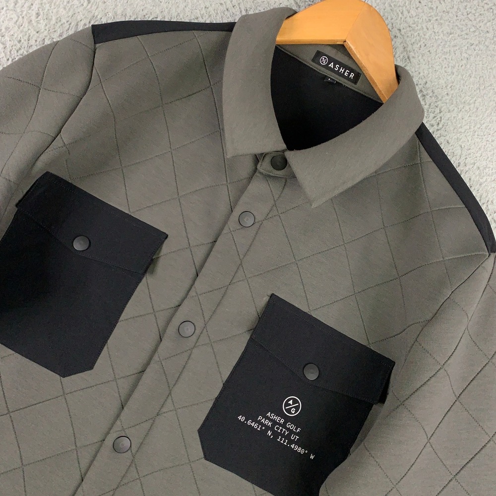 Asher Golf Utility Shacket Mens Large Grey Quilted Snap Front Long Sleeve Jacket